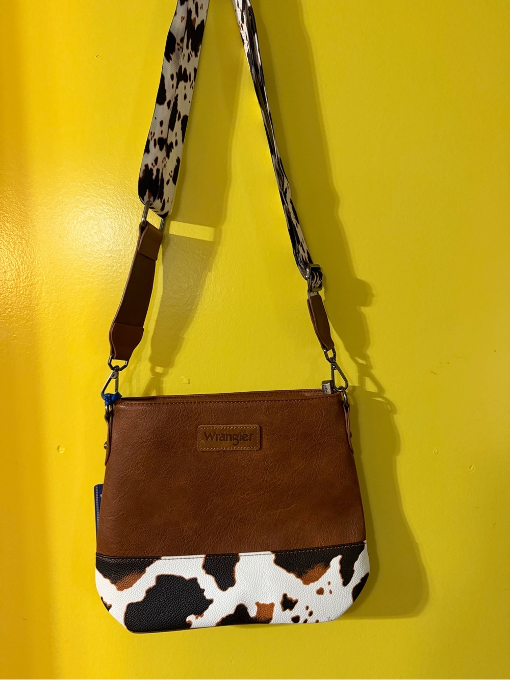 Wrangler Brown, Black & White Cowprint Crossbody Bag with Patterned Strap